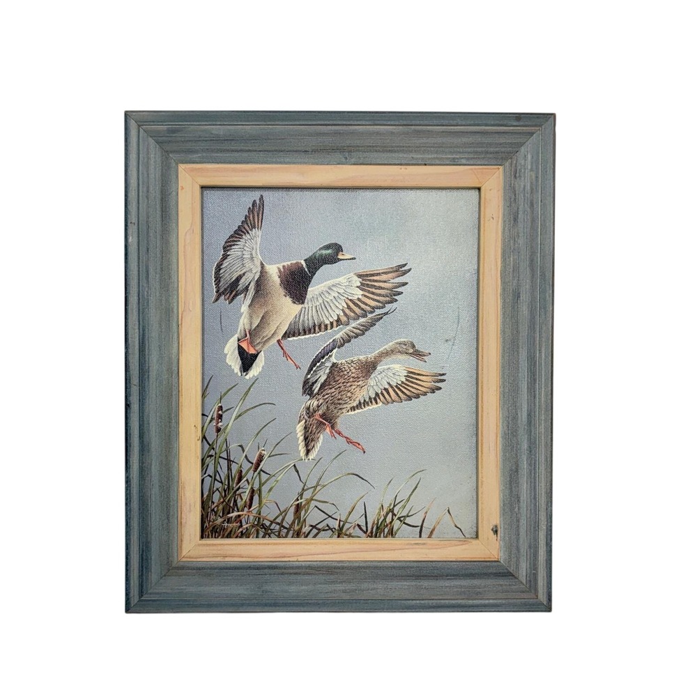 VTG Duck Art Print Framed Mallard Ducks Cattails Home Decor Farmhouse Cottage